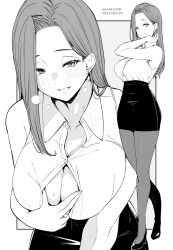 Rule 34 | 1girl, blush, closed mouth, commentary request, dated, earrings, grey background, greyscale, highres, jewelry, kichihachi, looking at viewer, monochrome, multiple views, original, pantyhose, pencil skirt, shirt, shoes, skirt, sleeveless, sleeveless shirt, smile, standing, twitter username, two-tone background, white background