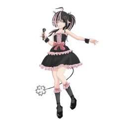 Rule 34 | 1girl, ahoge, alternate costume, black dress, black footwear, black hair, black socks, blue eyes, bow, bow legwear, center frills, closed mouth, commentary request, demon girl, demon horns, demon tail, dress, fangs, fangs out, flat chest, flower, frilled dress, frills, full body, grey horns, hair flower, hair ornament, highres, holding, holding microphone, horns, long hair, looking at viewer, masuo insu, medium bangs, microphone, multicolored hair, nanashi inc., oinomori may, one eye closed, one side up, pink bow, pink hair, pinky out, pointy ears, shoes, simple background, sleeveless, sleeveless dress, smile, socks, solo, tail, two-tone hair, virtual youtuber, waist bow, white background, wrist cuffs