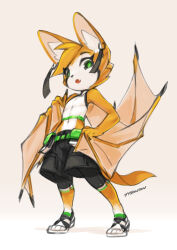 Rule 34 | 1girl, ammunition pouch, animal ears, artist name, bat ears, bat wings, black claws, breasts, cargo pants, claws, cleavage, dust: an elysian tail, earrings, facial mark, fang, fangs, fidget (dust: an elysian tail), flat chest, furry, furry female, gradient background, green eyes, head tilt, highres, hoop earrings, jewelry, looking at viewer, looking down, midriff, navel, orange fur, pants, pouch, shirt, shoes, short hair, signature, simple background, sleeveless, sleeveless shirt, sneakers, solo, tank top, tassel, tyson tan, white fur, wings