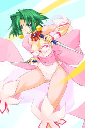 Rule 34 | 1girl, back bow, blue eyes, bow, breasts, cleavage, dagger, dancer, dual wielding, earrings, ellis (toushinden), green hair, highres, holding, huge bow, jewelry, kageyama shinobi, knife, legs apart, leotard, looking at viewer, medium breasts, necklace, parted bangs, pink bow, reverse grip, see-through, see-through sleeves, short hair, solo, toushinden, weapon, white leotard