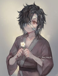 Rule 34 | aged down, artist name, bandage over one eye, black hair, brown eyes, brown shirt, child, flower, glowing flower, highres, holding, holding flower, hua cheng, long sleeves, looking at viewer, mc macchi, original, shirt, short hair, solo, sparkle, upper body