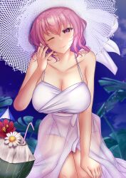 Rule 34 | 1girl, ;), alternate costume, bracelet, breasts, cleavage, closed mouth, dress, drinking straw, hand on lap, highres, jewelry, large breasts, looking at viewer, necklace, one eye closed, pink eyes, pink hair, saigyouji yuyuko, saigyouji yuyuko (seamless swimsuit ghost), see-through, short hair, shounen (hogehoge), smile, solo, teeth, touhou, touhou lostword, variant set, white dress, white headwear
