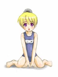 Rule 34 | 00s, 1girl, android, blonde hair, female focus, flandre (kaibutsu oujo), full body, kaibutsu oujo, purple eyes, sitting, solo, swimsuit, white background, yellow (artist)