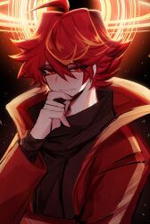 Rule 34 | 1boy, ahoge, coat, highres, looking at viewer, male focus, open clothes, open coat, original, red eyes, red hair, short hair, smile, usa37107692