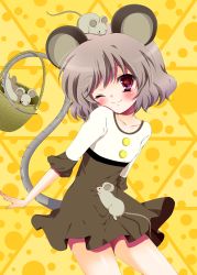 Rule 34 | 1girl, animal, animal ears, animal on head, bad id, bad pixiv id, casual, female focus, green hair, momose rin, mouse (animal), mouse ears, mouse tail, nazrin, on head, one eye closed, red eyes, solo, tail, touhou, wink