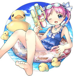 Rule 34 | 1girl, barefoot, blue eyes, day, goggles, goggles on head, highres, innertube, legs, nekito, ocean, one eye closed, original, pink hair, rubber duck, short hair, sky, solo, swim ring, swimsuit, toes, twintails, water gun, wink