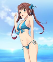 Rule 34 | 1girl, asagumo (kancolle), bikini, blue bikini, blue sky, breasts, brown hair, chuchu tako, cloud, commentary request, cowboy shot, day, grey eyes, hair ribbon, highres, kantai collection, long hair, looking at viewer, ocean, one-hour drawing challenge, outdoors, ribbon, sky, small breasts, solo, standing, swimsuit, twintails, twitter username