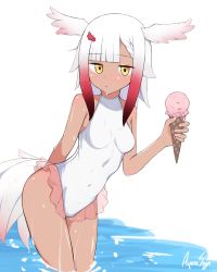 Rule 34 | 1girl, absurdres, adapted costume, bare legs, bare shoulders, bird girl, bird tail, bird wings, blush, braid, commentary, commentary request, dark skin, frilled swimsuit, frills, hair ornament, hairclip, head wings, highres, ice cream cone, japanese crested ibis (kemono friends), kemono friends, navel, one-piece swimsuit, partially submerged, red hair, saya ayasu, short hair, sidelocks, sleeveless, solo, swimsuit, tail, tan, water, white hair, white one-piece swimsuit, wings, yellow eyes