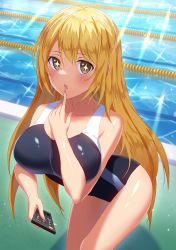 Rule 34 | + +, 10s, 1girl, 2018, bare arms, bare shoulders, black one-piece swimsuit, blonde hair, blush, breasts, brown eyes, collarbone, commentary request, competition school swimsuit, controller, fingernails, hair between eyes, highres, holding, index finger raised, large breasts, leaning forward, long hair, looking at viewer, matching hair/eyes, mikomiko (mikomikosu), one-piece swimsuit, outdoors, parted lips, pool, poolside, remote control, school swimsuit, shokuhou misaki, solo, standing, swimsuit, toaru kagaku no railgun, toaru majutsu no index, tokiwadai school swimsuit, very long hair, water