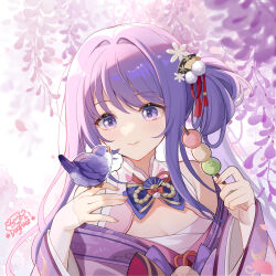 Rule 34 | 1girl, absurdres, alternate hairstyle, bare shoulders, bird, bird on hand, breasts, cleavage, closed mouth, commentary request, dango, flower, food, genshin impact, gou lianlian dogface, hands up, highres, holding, holding skewer, japanese clothes, kimono, long hair, long sleeves, looking at animal, medium breasts, purple eyes, purple hair, purple kimono, raiden shogun, sanshoku dango, signature, skewer, smile, solo, upper body, wagashi, wisteria