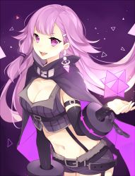 Rule 34 | 1girl, :d, black cape, black shirt, black shorts, breasts, cape, chain, cleavage, copyright request, crop top, detached sleeves, earrings, fur-trimmed shorts, fur trim, hair ornament, hairclip, highres, jewelry, leafwow, light purple hair, long hair, long sleeves, looking at viewer, medium breasts, midriff, multicolored cape, multicolored clothes, navel, open mouth, purple cape, purple eyes, shirt, short shorts, shorts, sleeveless, sleeveless shirt, smile, solo, teeth, upper teeth only, very long hair