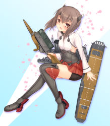 Rule 34 | 10s, 1girl, bike shorts, bow (weapon), breasts, brown eyes, brown hair, crossbow, flight deck, gradient background, grey thighhighs, headband, kantai collection, kishimen, looking at viewer, machinery, open mouth, short hair, sideboob, skirt, small breasts, smile, solo, taihou (kancolle), thighhighs, weapon