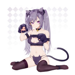 Rule 34 | 1girl, absurdres, alternate costume, animal hands, anklet, armlet, bare shoulders, bell, black thighhighs, bow, breasts, cat lingerie, cat tail, cleavage, collar, collarbone, commentary request, cone hair bun, dodo (yatotoyatoto), double bun, full body, genshin impact, gloves, hair between eyes, hair bow, hair bun, highres, jewelry, jingle bell, keqing (genshin impact), long hair, looking at viewer, meme attire, navel, no shoes, paw gloves, paw pose, purple eyes, purple hair, sidelocks, sitting, solo, stomach, tail, thighhighs, toes, twintails, wariza, white background