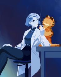 Rule 34 | 1boy, 1girl, absurdres, akagi ritsuko, artist request, black shirt, blonde hair, blouse, blue background, blue theme, breasts, cat, chair, cigarette, crossover, desk, earrings, expressionless, garfield, garfield (character), gradient background, high collar, highres, jewelry, lab coat, looking back, medium breasts, mole, mole under eye, neon genesis evangelion, office chair, orange fur, pantyhose, shirt, simple background, sitting, smoking, swivel chair, what