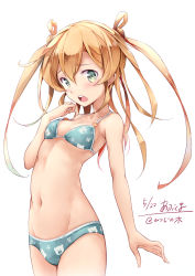 Rule 34 | 10s, 1girl, abukuma (kancolle), animal print, bear print, bikini, blonde hair, breasts, character name, collarbone, cowboy shot, dated, green eyes, groin, hair between eyes, hair rings, highres, kantai collection, long hair, looking at viewer, moupii (hitsuji no ki), navel, open mouth, print bikini, simple background, small breasts, solo, standing, swimsuit, teeth, thighs, twintails, underwear, underwear only, white background