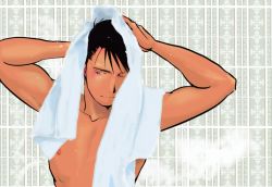 Rule 34 | 1boy, arms up, black eyes, black hair, black outline, closed mouth, drying, drying hair, facing viewer, fullmetal alchemist, hair strand, hands on own head, light blush, light smile, male focus, messy hair, muscular, muscular male, nipples, nude, one eye closed, outline, patterned background, pectorals, roy mustang, sideways glance, steam, tile wall, tiles, towel, towel on head, tsurime, urikurage, water drop, wet, wet hair