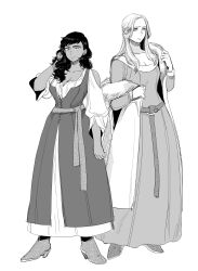 Rule 34 | 2girls, boots, breasts, cleavage, closed mouth, clothing cutout, cross-laced clothes, dark-skinned female, dark skin, dress, dungeon meshi, frown, full body, fur-trimmed jacket, fur trim, genderswap, genderswap (mtf), greyscale, half updo, hand in own hair, hand up, hands up, high heel boots, high heels, highres, jacket, kabru, laios touden, large breasts, long hair, long sleeves, looking at viewer, mochimochimochi, monochrome, multiple girls, off shoulder, parted bangs, puffy long sleeves, puffy sleeves, sash, shoulder cutout, simple background, smile, swept bangs