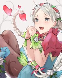 Rule 34 | 1girl, ahoge, black pantyhose, blue eyes, blue flower, butterfly wings, capelet, fire emblem, fire emblem fates, fire emblem heroes, flower, flower bracelet, fujoshi, green bracelet, hair flower, hair ornament, hairband, heart, highres, insect wings, nina (fire emblem), nina (resplendent) (fire emblem), nintendo, open mouth, own hands together, pantyhose, pink capelet, sakura no yoru, sitting, solo, white hair, wings
