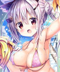 Rule 34 | &gt; &lt;, 1girl, :d, arm up, armpits, bare shoulders, bikini, blue sky, blurry, blurry background, breasts, cat hair ornament, cleavage, cloud, cloudy sky, collarbone, commentary request, covered erect nipples, dengeki moeou, depth of field, double bun, fang, hair between eyes, hair bun, hair ornament, holding, indoors, kurou (quadruple zero), large breasts, long hair, mole, mole on breast, open mouth, original, partial commentary, pink bikini, pom pom (cheerleading), print bikini, red eyes, side bun, sidelocks, silver hair, single side bun, sky, smile, solo, star (symbol), star print, swimsuit, twintails