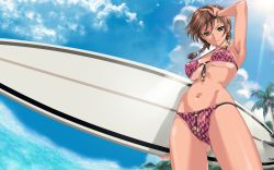 Rule 34 | 1girl, armpits, bikini, bikini tan, bracelet, braid, breasts, breasts apart, brown hair, cloud, day, front-tie top, gluteal fold, green eyes, hand on own head, happoubi jin, highres, hip bones, jewelry, kuouzumi mika, large breasts, looking at viewer, navel, resort boin, self-upload, skindentation, sky, smile, solo, surfboard, swimsuit, tan, tanline, third-party edit, twin braids
