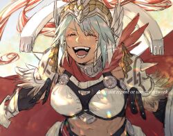 1girl 91007 armor closed_eyes dagr_(fire_emblem) dagr_(sunny_bloom)_(fire_emblem) facing_viewer fire_emblem fire_emblem_heroes grey_hair midriff mole mole_under_eye navel nintendo official_alternate_costume open_mouth short_hair shoulder_armor signature solo teeth twitter_username