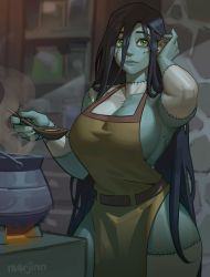 Rule 34 | 1girl, absurdres, adjusting hair, apron, artist name, belt, black hair, bottle, breasts, brown apron, brown belt, cauldron, closed mouth, colored skin, copyright name, copyright request, green eyes, green skin, hair between eyes, highres, holding, holding spoon, large breasts, long hair, looking at viewer, m4rjinn, multicolored skin, naked apron, scar, smile, solo, spoon, steam, stitched arm, stitched leg, stitches, thighs, two-tone skin, watermark, white skin, zombie