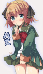 Rule 34 | 1girl, blue eyes, brown hair, character name, commentary request, cowboy shot, green jacket, green skirt, grey background, hachijou (kancolle), index finger raised, jacket, kantai collection, long sleeves, looking at viewer, miyamori raira, pleated skirt, red neckwear, sailor collar, short hair, simple background, skirt, skirt hold, socks, solo, standing, white socks