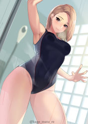 Rule 34 | 1girl, absurdres, against glass, armpits, artist name, bare shoulders, blonde hair, blush, breast press, breasts, breasts on glass, brown eyes, closed mouth, commentary request, competition swimsuit, covered navel, fingernails, highres, indoors, kagematsuri, lips, looking at viewer, medium breasts, medium hair, one-piece swimsuit, original, parted bangs, shower (place), signature, simple background, smile, solo, swimsuit, thighs, watermark
