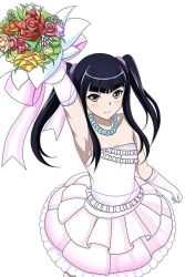 Rule 34 | 00s, 1girl, black hair, bouquet, breasts, cleavage, dress, elbow gloves, female focus, flower, gloves, hair ornament, hair over shoulder, holding, holding bouquet, holding flower, ikkitousen, jewelry, long hair, looking at viewer, necklace, official art, saji genpou (true), shiny skin, simple background, small breasts, smile, solo, strapless, strapless dress, twintails, white background, white dress, white gloves, yellow eyes