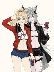 Rule 34 | 2girls, :d, animal ears, arknights, arm around shoulder, arm up, bandeau, belt, black belt, black jacket, black nails, black shorts, blonde hair, brown belt, can, commentary request, cowboy shot, cutoffs, denim, denim shorts, drink can, fate/apocrypha, fate (series), fingerless gloves, gloves, green eyes, grey background, grey eyes, grey hair, grin, hair between eyes, hair ornament, hair scrunchie, hairclip, highres, holding, holding can, jacket, lappland (arknights), long hair, long sleeves, looking at viewer, material growth, midriff, mordred (fate), mordred (fate/apocrypha), multiple girls, nail polish, navel, open mouth, oripathy lesion (arknights), red jacket, red scrunchie, scar, scar across eye, scrunchie, short shorts, shorts, simple background, smile, soda can, standing, stomach, strapless, tail, thighs, tube top, very long hair, white gloves, wolf ears, wolf girl, wolf tail, xiaoxianmuxia