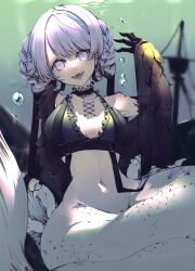 Rule 34 | 1girl, amiya aranha, bad source, black bra, black choker, bottomless, bra, braid, breasts, choker, collarbone, commentary, english commentary, fangs, frilled bra, frilled choker, frills, groin, head tilt, highres, indie virtual youtuber, looking at viewer, medium breasts, mermaid, monster girl, monsterification, navel, off shoulder, open mouth, purple eyes, purple hair, second-party source, ship, smile, snuq, solo, underwater, underwear, virtual youtuber, watercraft