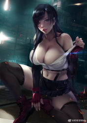 Rule 34 | 1girl, bare shoulders, belt, black hair, black skirt, boots, breasts, brown eyes, cleavage, collarbone, elbow gloves, elbow pads, factory, final fantasy, final fantasy vii, final fantasy vii remake, fingerless gloves, gloves, hair over one eye, large breasts, lens flare, licking lips, long hair, looking at viewer, navel, no bra, open mouth, pencil skirt, industrial pipe, red footwear, red gloves, sitting, skindentation, skirt, sleeveless, solo, strap pull, suspender skirt, suspenders, tan, tank top, tanline, thighhighs, tifa lockhart, tongue, tongue out, weibo logo, white tank top, xixi (xixihenlan ing)