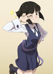Rule 34 | 1girl, ;), artist request, breasts, little witch academia, looking at viewer, one eye closed, school uniform, shao-yi, skirt, small breasts, smile, solo, standing, standing on one leg, tagme, v, wink
