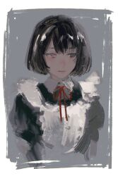 Rule 34 | 1girl, apron, black dress, black eyes, black hair, bob cut, border, closed mouth, collared shirt, dress, frilled apron, frills, grey background, heterochromia, highres, juliet sleeves, long sleeves, looking to the side, machihazure, maid, neck ribbon, original, painterly, puffy sleeves, red eyes, red ribbon, ribbon, shirt, short hair, sketch, solo, upper body, white apron, white border