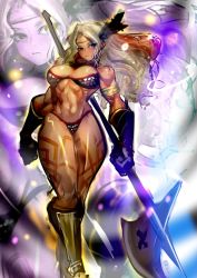 Rule 34 | 1girl, abs, amazon (dragon&#039;s crown), armor, axe, bikini armor, blonde hair, boots, breasts, circlet, dragon&#039;s crown, feathers, gloves, halberd, jintetsu, large breasts, long hair, muscular, muscular female, polearm, solo, tattoo, thick thighs, thighs, vanillaware, weapon