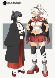 Rule 34 | 2girls, bad id, bad pixiv id, bandages, black gloves, black hair, black kimono, black legwear, breasts, brown eyes, budget sarashi, capelet, character name, collar, dark-skinned female, dark skin, full body, gloves, hair between eyes, hair ornament, hakama, hakama short skirt, hakama skirt, haori, japanese clothes, kantai collection, kimono, large breasts, looking at another, midriff, miniskirt, multiple girls, musashi (kancolle), navel, no eyewear, nontraditional miko, over shoulder, partially fingerless gloves, pleated skirt, red eyes, red skirt, sandals, sarashi, shigino sohuzi, short hair, short hair with long locks, skirt, standing, tall, thighhighs, twintails, two side up, white hair, white legwear, yamashiro (kancolle), zettai ryouiki