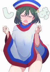 Rule 34 | 1girl, blush, character request, contrapposto, copyright request, cowboy shot, embarrassed, closed eyes, fang, green hair, hair between eyes, hat, love live!, love live! nijigasaki high school idol club, mifune shioriko, no panties, open mouth, poncho, reference request, repunit, solo, w arms