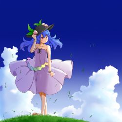 Rule 34 | 1girl, alternate costume, bare shoulders, barefoot, blue hair, blue sky, blush, bracelet, breasts, cloud, collarbone, day, dress, food, fruit, gradient background, grass, hand on headwear, highres, hinanawi tenshi, jewelry, long hair, looking to the side, outdoors, peach, petite, red eyes, see-through, see-through silhouette, sky, small breasts, smile, solo, strapless, strapless dress, tanasuke, team shanghai alice, touhou, walking, wind