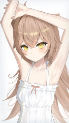 1girl animal_ears armpits bad_id bad_pixiv_id bare_arms bare_shoulders blush brown_hair closed_mouth commentary_request dress frilled_dress frills grey_background hair_between_eyes highres indie_virtual_youtuber lion_ears long_hair renge_(730) rurudo_lion rurudo_lion_(1st_costume) simple_background sleeveless sleeveless_dress solo sundress upper_body very_long_hair virtual_youtuber white_dress yellow_eyes