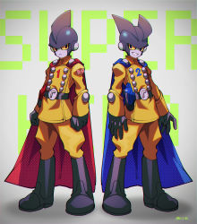 Rule 34 | arms at sides, text background, belt, black belt, black footwear, blue cape, boots, buttons, cape, clenched hands, closed mouth, colored sclera, colored skin, commentary request, copyright name, double-breasted, dragon ball, dragon ball super, dragon ball super super hero, energy gun, gamma 1, gamma 2, grey background, grey skin, grin, highres, jacket, long sleeves, looking at viewer, male focus, pants, ray gun, red cape, red ribbon army, serious, shadow, side-by-side, simple background, smile, standing, superhero costume, twitter username, weapon, yellow jacket, yellow pants, yellow sclera, zero-go