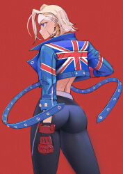Rule 34 | 1girl, absurdres, ass, blonde hair, blue eyes, blue jacket, bob cut, braid, cammy white, cropped jacket, facial scar, ga is, gauntlets, gloves, highres, jacket, looking to the side, pants, profile, red background, red gloves, scar, scar on cheek, scar on face, short hair, simple background, street fighter, twin braids, union jack, yoga pants