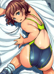 Rule 34 | 1girl, all fours, ass, back cutout, bed sheet, blue eyes, brown hair, clothing cutout, competition swimsuit, one-piece swimsuit, original, raikoh, shimazu tekkou, shoes, short hair, sneakers, socks, solo, swimsuit, tan, tanline, twisted neck