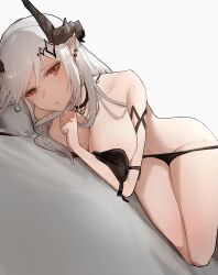 Rule 34 | absurdres, arknights, armlet, bikini, black bikini, breasts, hair ornament, highres, horns, huinjebi, jewelry, large breasts, loose bikini, midriff, mudrock (arknights), mudrock (silent night) (arknights), pointy ears, red eyes, swimsuit, white hair