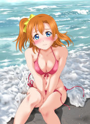 Rule 34 | 10s, 1girl, 3:, beach, between legs, bikini, blue eyes, blush, bow, breasts, breasts squeezed together, cleavage, closed mouth, collarbone, covering privates, covering crotch, dripping, embarrassed, front-tie bikini top, front-tie top, hair between eyes, hair bow, hand between legs, highres, keisuke (0320030103200301), kosaka honoka, looking at viewer, love live!, love live! school idol project, motion blur, navel, ocean, on ground, one side up, orange hair, outdoors, pink bikini, sand, shade, side-tie bikini bottom, sitting, solo, stomach, string bikini, swimsuit, untied bikini, water, waves, wet, yellow bow