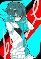 Rule 34 | 1boy, absurdres, amamiya hibiya, bad id, bad pixiv id, daze (kagerou project), highres, hood, hoodie, kagerou project, looking at viewer, male focus, monochrome, red eyes, short hair, solo, toguro maite