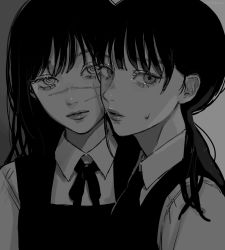 Rule 34 | 2girls, absurdres, black hair, chainsaw man, cheek-to-cheek, collared shirt, dual persona, facial scar, grey background, greyscale, heads together, highres, ksmy2-pink-love, looking at viewer, medium hair, mitaka asa, monochrome, multiple girls, neck ribbon, nervous, parted lips, portrait, ribbon, ringed eyes, scar, scar on cheek, scar on face, school uniform, shirt, simple background, sweatdrop, yoru (chainsaw man)