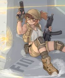 Rule 34 | 1girl, baseball cap, boots, breasts, brown eyes, brown hair, brown hat, character name, commentary, crop top, cropped shirt, dust, english commentary, fio germi, glasses, glock, gun, handgun, hat, highres, holding, holding gun, holding weapon, kelvin hiu, knee pads, machine gun, medium breasts, metal slug, on ground, outdoors, ponytail, projectile trail, ricocheting, shirt, short ponytail, shorts, sitting, sleeveless, sleeveless shirt, socks, solo, stone wall, sweat, vest, waistpack, wall, weapon