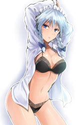 Rule 34 | 1girl, arms up, black bra, black panties, blue background, blue bow, blue eyes, blush, bow, bra, braid, breasts, cleavage, commentary request, cowboy shot, floral print, gradient background, hair between eyes, hair bow, highres, izayoi sakuya, large breasts, lips, long sleeves, looking at viewer, maid headdress, navel, no pants, one-hour drawing challenge, open clothes, open shirt, panties, shiny skin, shirt, short hair, silver hair, solo, standing, stomach, thighs, touhou, twin braids, underwear, white background, white shirt, y2