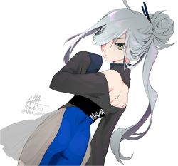 Rule 34 | 1girl, ahoge, alternate costume, asashimo (kancolle), ass, butt crack, china dress, chinese clothes, dress, grey hair, hair over one eye, highres, kantai collection, long sleeves, looking at viewer, looking back, nmz (namazu), ponytail, see-through, see-through skirt, skirt, solo, yellow eyes