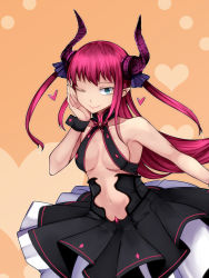 Rule 34 | 10s, 1girl, ;), adapted costume, aoshima, armpits, bare shoulders, black ribbon, black skirt, blue eyes, breasts, closed mouth, collarbone, cowboy shot, elizabeth bathory (fate), elizabeth bathory (fate/extra ccc), elizabeth bathory (first ascension) (fate), fate/extra, fate/extra ccc, fate/grand order, fate (series), hand on own cheek, hand on own face, heart, highres, horn ornament, horn ribbon, horns, long hair, multiple girls, navel, one eye closed, outstretched arm, pink hair, pink lips, pointy ears, revealing clothes, ribbon, sideboob, skirt, smile, solo, standing, stomach, two-tone background, underboob, very long hair, wrist cuffs
